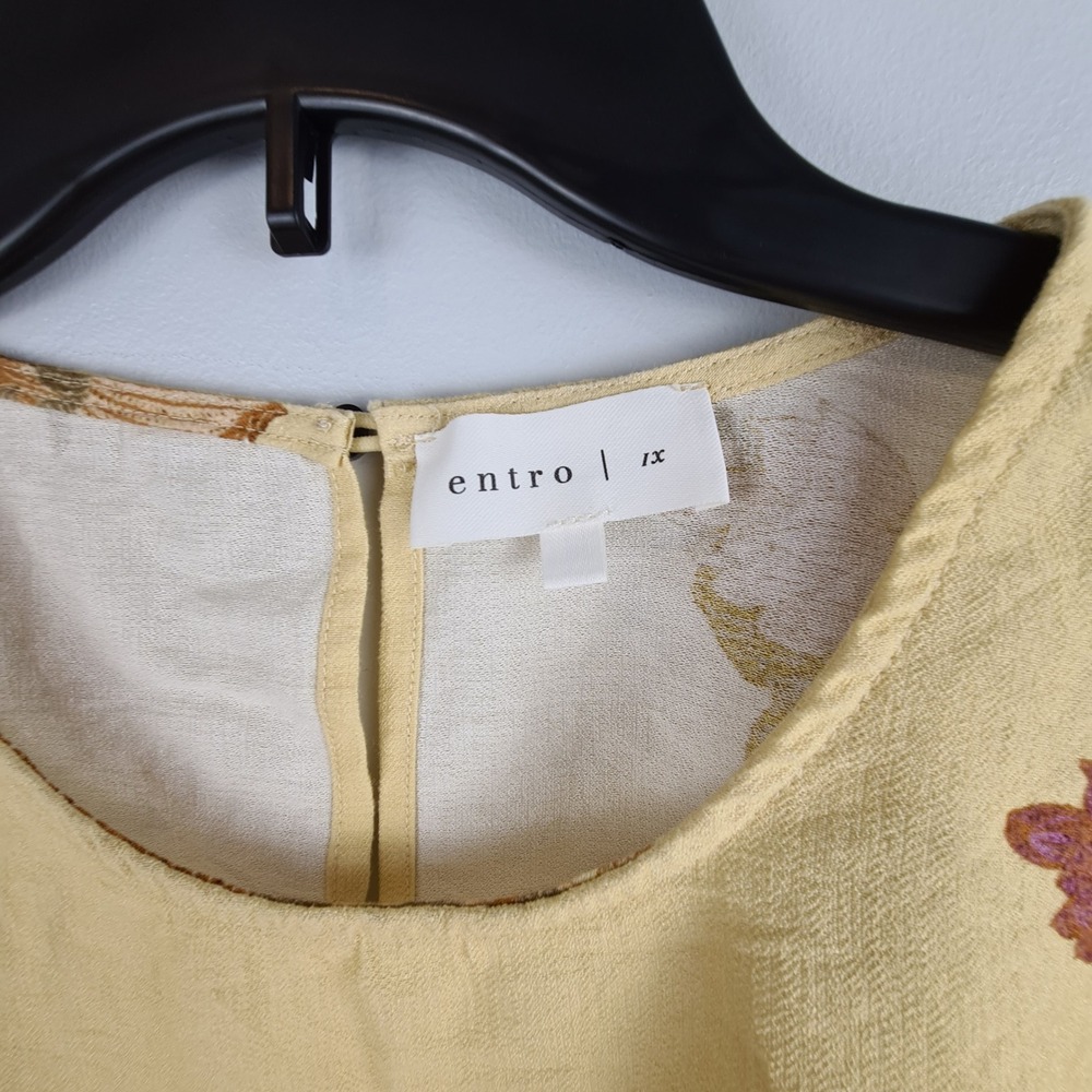 Entro Womens 1X Yellow Floral Boho Blouse Ruched Tie Sleeve Rayon Top Earthy Art - Picture 2 of 11
